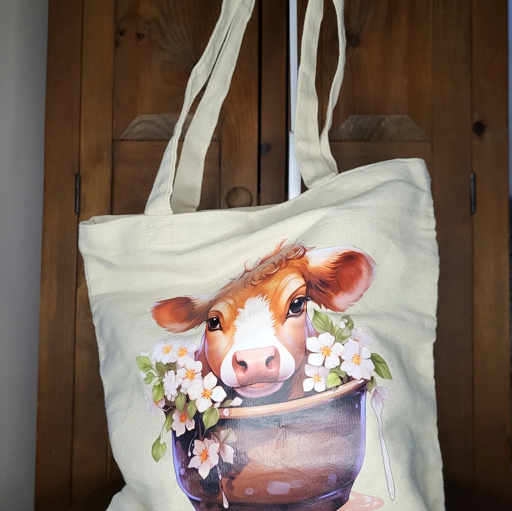 Canvas Tote Bag with Cow and Floral Design - Picture 7 of 13